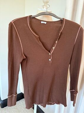 Splendid Brown Waffle Henley Long Sleeve Top